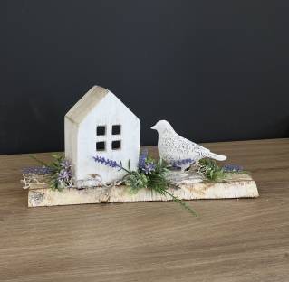 Lavendel Gesteck mit Holzhaus und Vogel |Handgemacht| Mooie Tijd