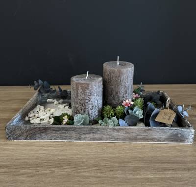 Rustikales Kerzen-Arrangement auf Holztablett |Handgemacht| Mooie Tijd