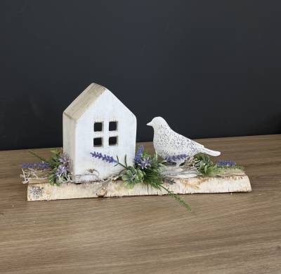 Lavendel Gesteck mit Holzhaus und Vogel |Handgemacht| Mooie Tijd