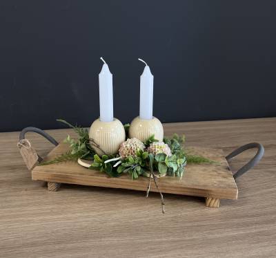 Gesteck Dahlie mit Kerzen auf Holztablett |Handgemacht| Mooie Tijd