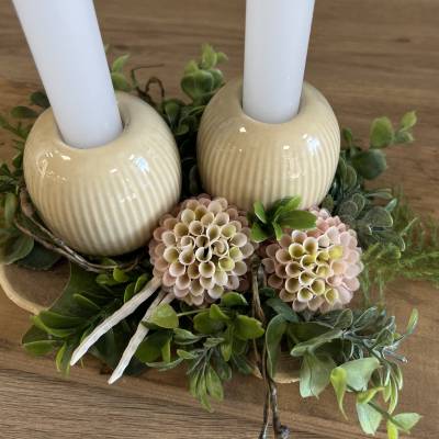 Gesteck Dahlie mit Kerzen auf Holztablett |Handgemacht| Mooie Tijd
