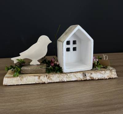 Gesteck auf Holztablett mit Häuschen |Handgemacht| Mooie Tijd
