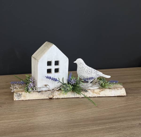 Lavendel Gesteck mit Holzhaus und Vogel |Handgemacht| Mooie Tijd