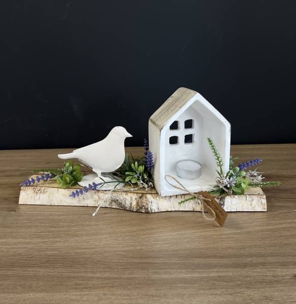 Lavendel Gesteck mit Holzhaus und Vogel |Handgemacht| Mooie Tijd