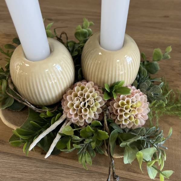 Gesteck Dahlie mit Kerzen auf Holztablett |Handgemacht| Mooie Tijd