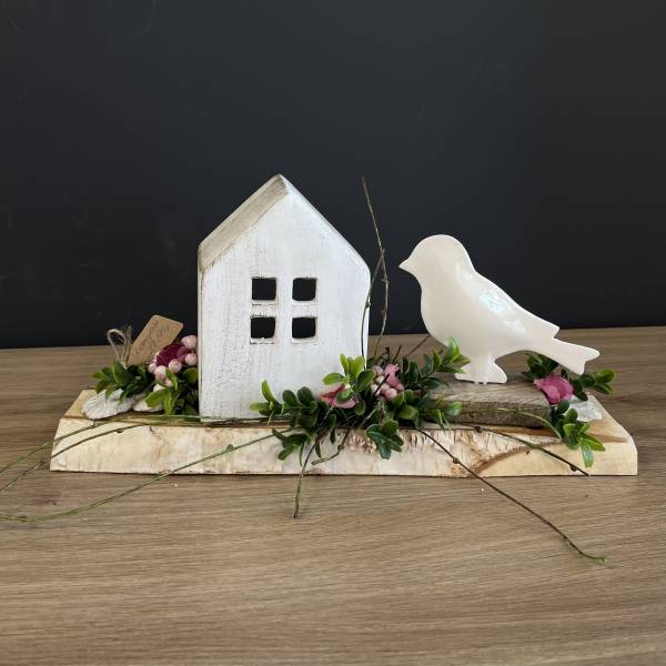 Gesteck auf Holztablett mit Häuschen |Handgemacht| Mooie Tijd